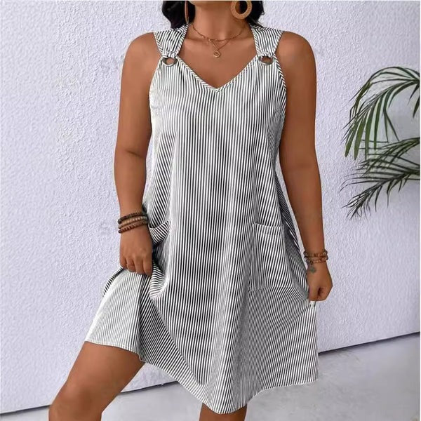 Women’s A-Line Dress – V-Neck – Soft Blend – Knee Length – Pocket Detail – Shoulder Ring Trim