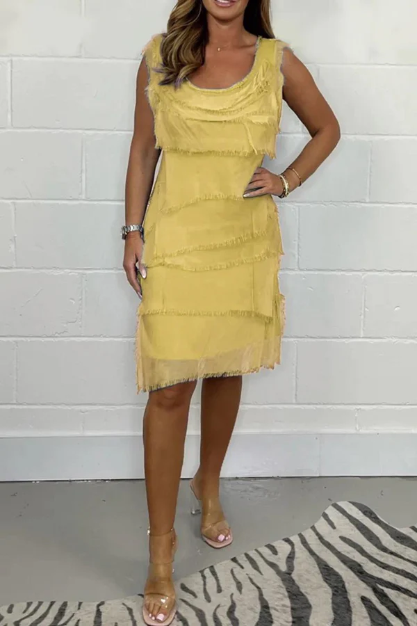 Women’s Sleeveless Dress – Relaxed Fit – Chiffon – Tiered Fringe – Knee Length