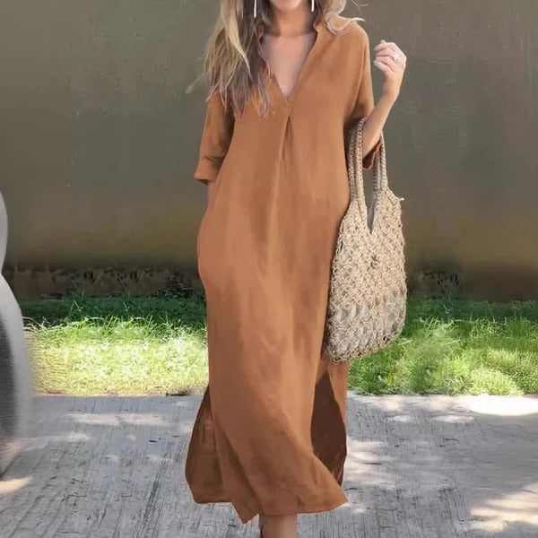 Women’s Maxi Dress – Relaxed Fit – V-Neck – Half Sleeve – Cotton Blend
