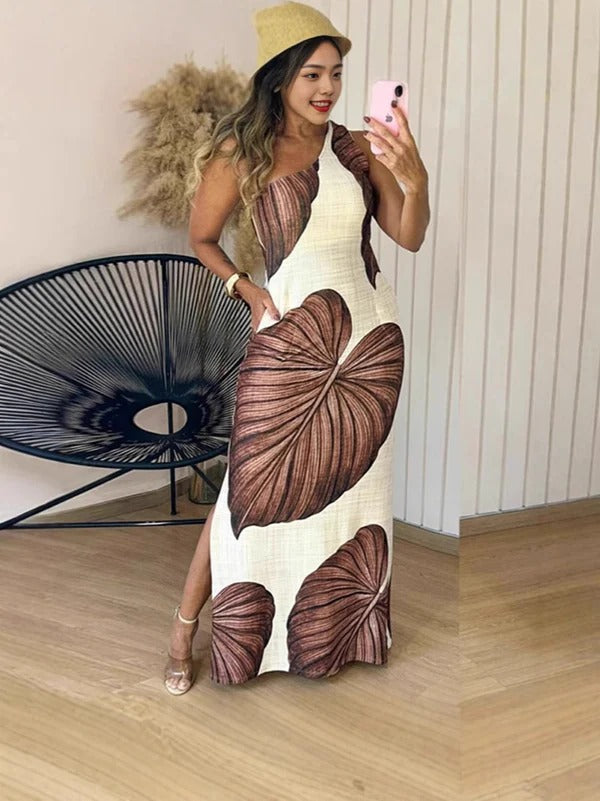 Women’s Maxi Dress - Slim Fit - High Neck - Sleeveless - Leaf Print - Side Slit