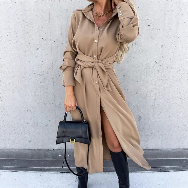 Women’s Shirtdress – Tailored Fit – Soft Drape – Button-Down – Waist Tie – Midi Length