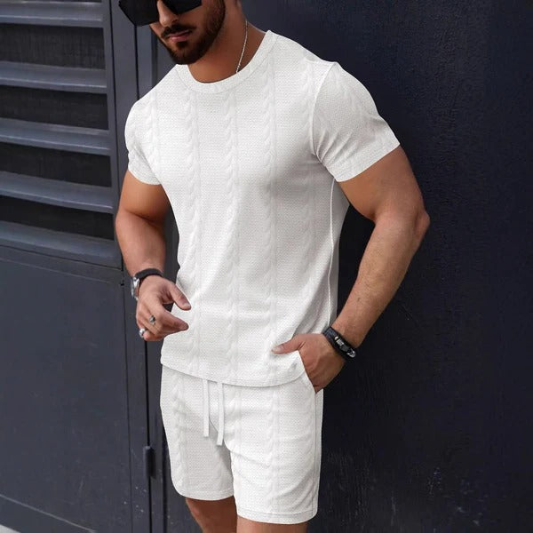 Men’s T-Shirt and Shorts Set – Textured Knit – Regular Fit – Crew Neck – Drawstring Waist