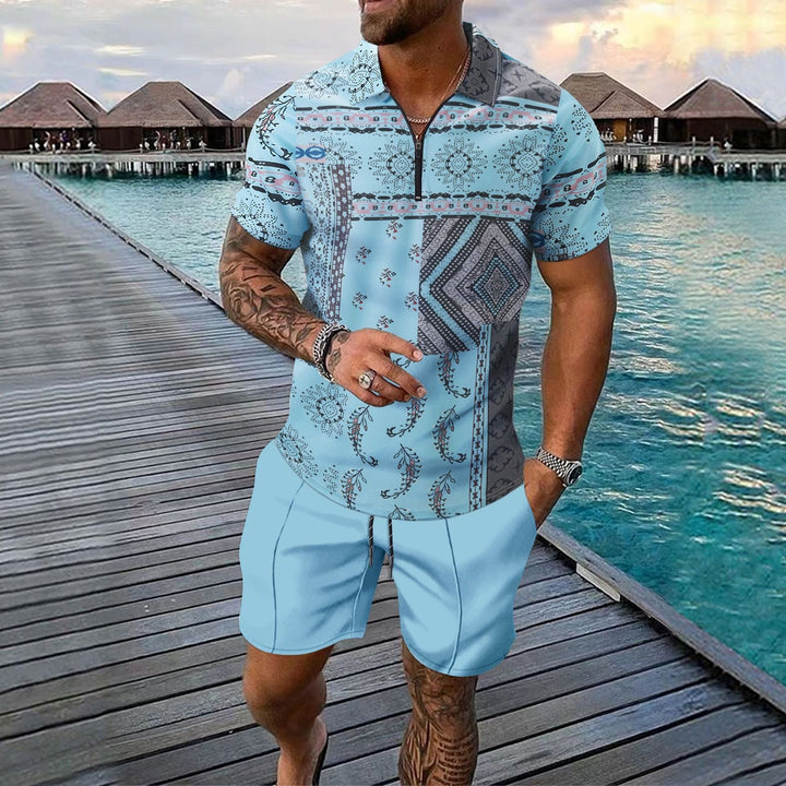 Men’s Casual Set – Slim Fit Zip Polo Shirt & Knee-Length Shorts – Digital Print