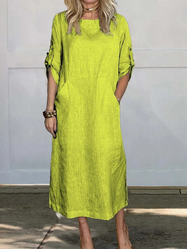 Women’s Maxi Dress – Linen Feel – Relaxed Fit – Roll-Up Sleeves – Side Pockets