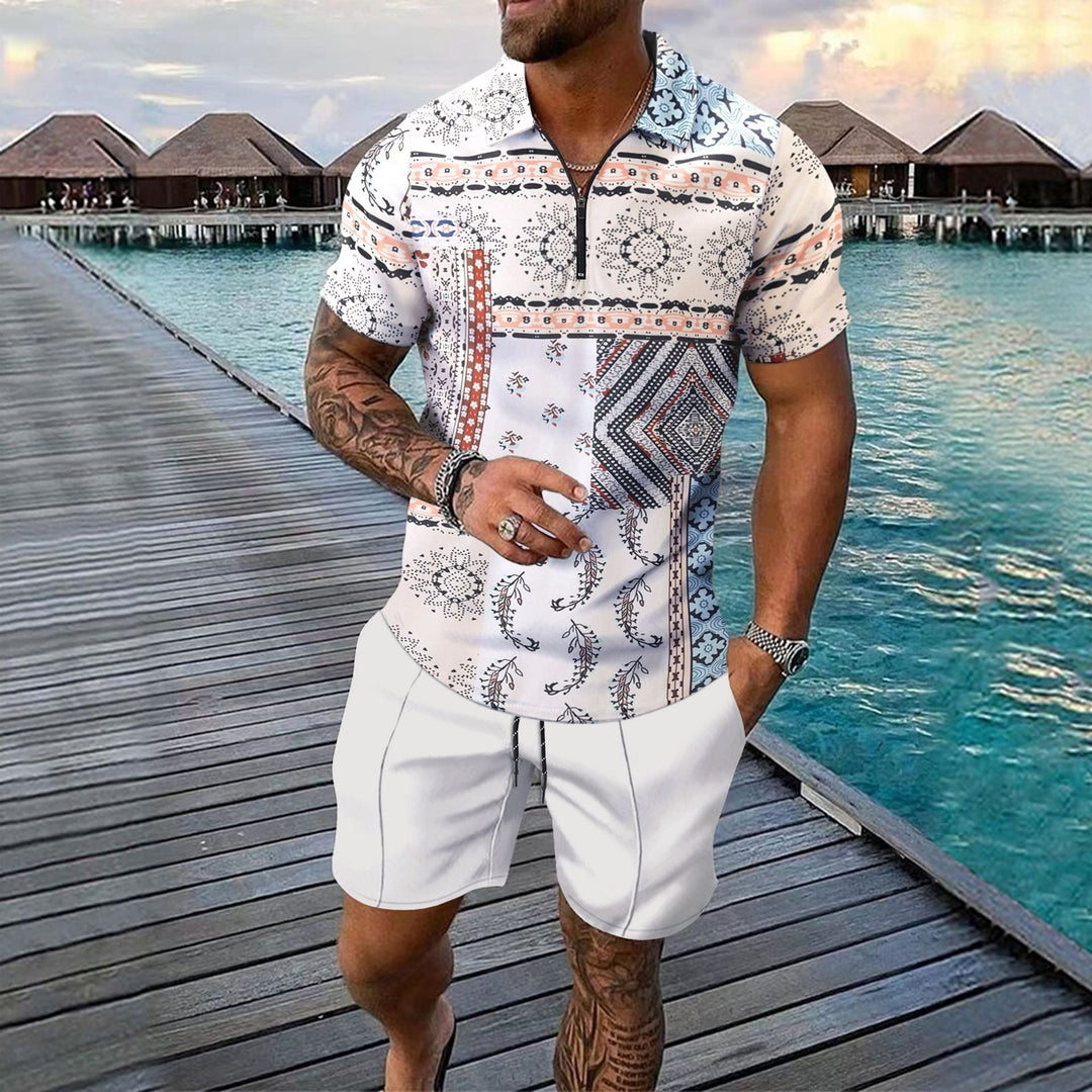 Men’s Casual Set – Slim Fit Zip Polo Shirt & Knee-Length Shorts – Digital Print
