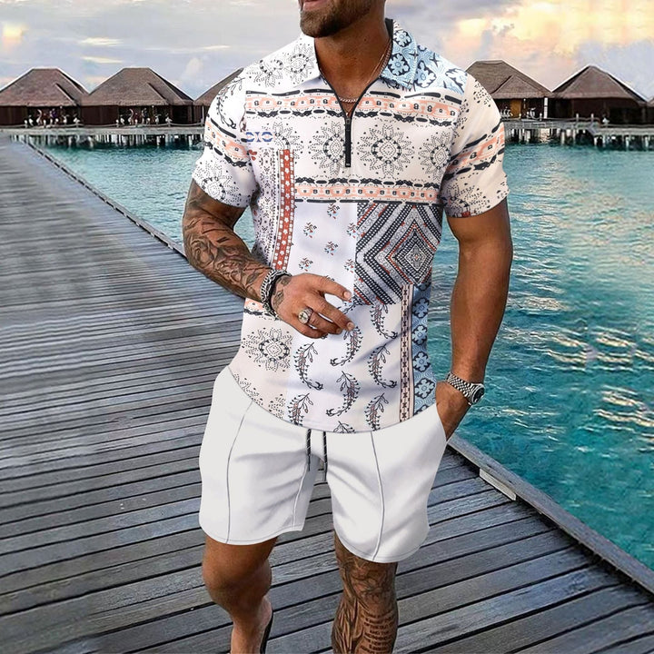 Men’s Casual Set – Slim Fit Zip Polo Shirt & Knee-Length Shorts – Digital Print