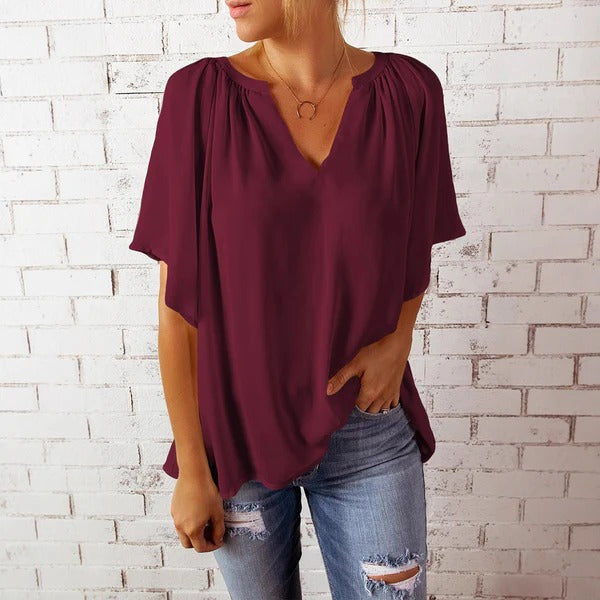 Women’s Blouse – Relaxed Fit – V-Neck – Lightweight – Short Sleeve Casual Style