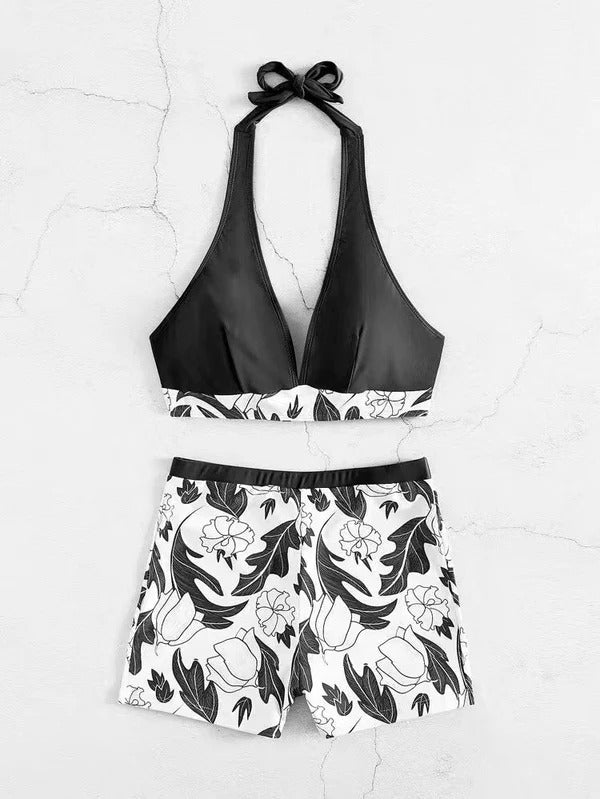 Women’s Bikini Set – Halter Top – High-Waisted Shorts – Stretch Fit – Seamless Design