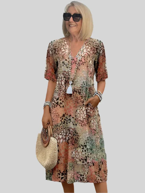 Women’s Midi Dress – Relaxed Fit – V-Neck – Short Sleeve – with Pockets