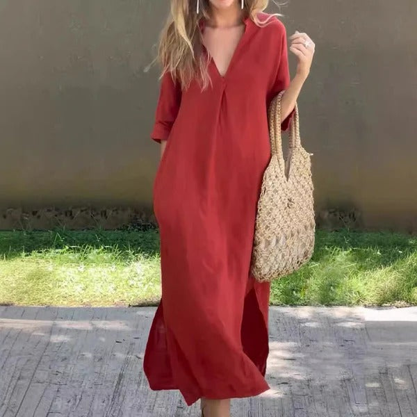Women’s Maxi Dress – Relaxed Fit – V-Neck – Half Sleeve – Cotton Blend