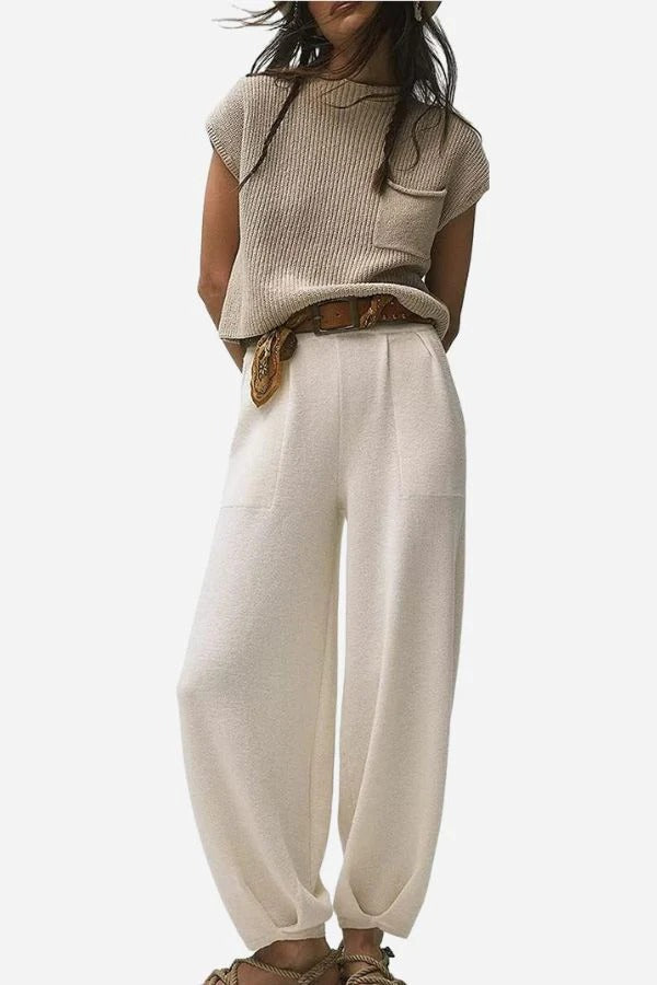 Women’s Two-Piece Set – Sleeveless Ribbed Knit Top – Wide-Leg Pants