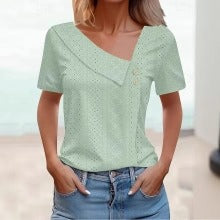 Women’s Fitted Top – Breathable Eyelet Fabric – Asymmetric Neckline – Button Detail