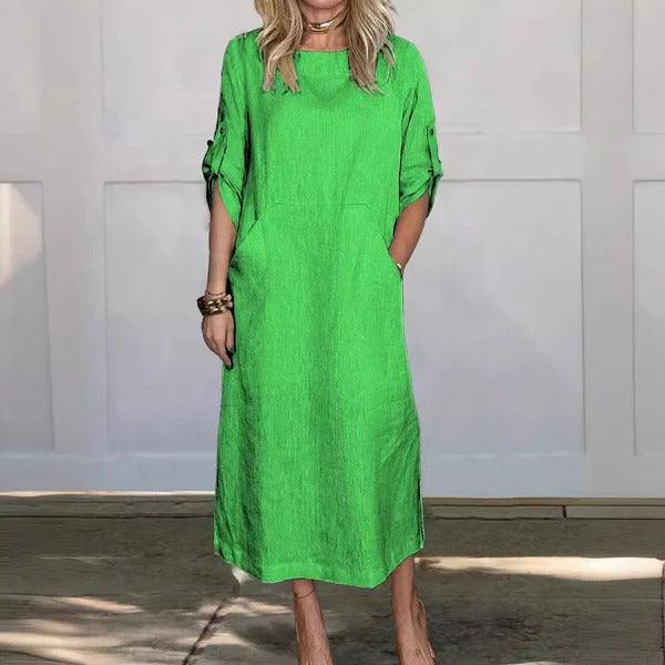Women’s Maxi Dress – Linen Feel – Relaxed Fit – Roll-Up Sleeves – Side Pockets