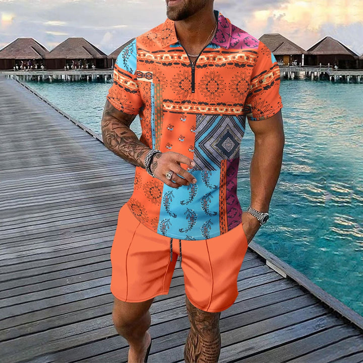 Men’s Casual Set – Slim Fit Zip Polo Shirt & Knee-Length Shorts – Digital Print