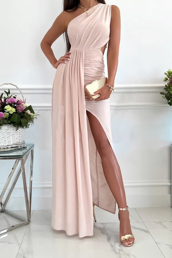 Women’s Maxi Dress – One Shoulder – Draped Bodice – Side Slit – Fitted Cut-Out Design