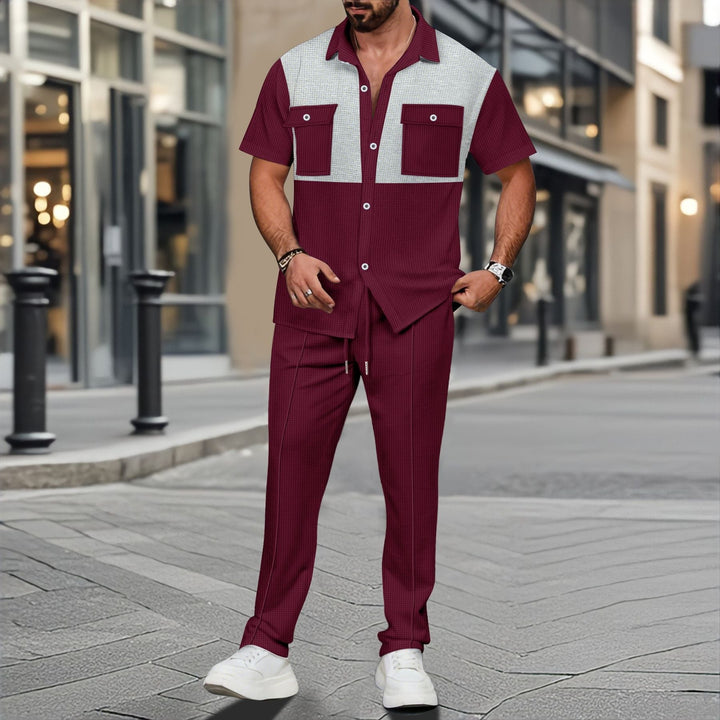 Men’s Two-Piece Set – Waffle Knit – Relaxed Fit – Button Shirt & Drawstring Pants