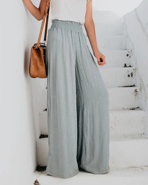 Women’s Wide-Leg Trousers – Relaxed Fit – Elastic Waist – Breathable Cotton Blend – Floral Print