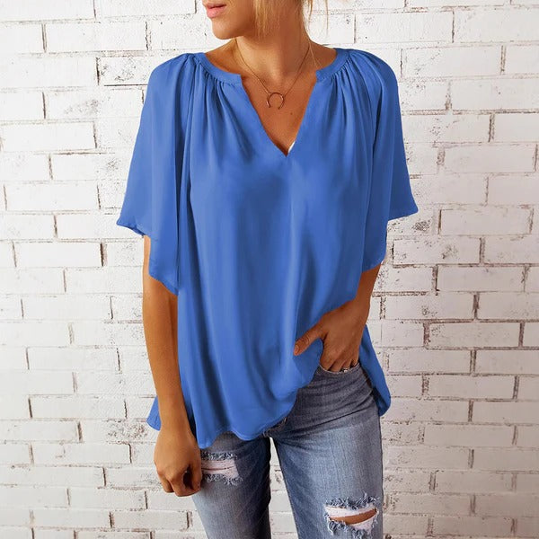 Women’s Blouse – Relaxed Fit – V-Neck – Lightweight – Short Sleeve Casual Style