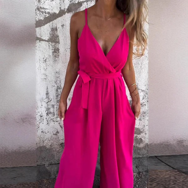 Women’s Wrap Jumpsuit – Soft Drape – Wide Leg – Sleeveless – Waist Tie – Relaxed Fit