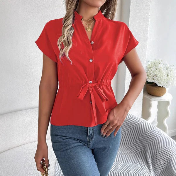 Women’s Blouse – Tailored Fit – Natural Fabric – Waist Tie – Button Front – Short Sleeve
