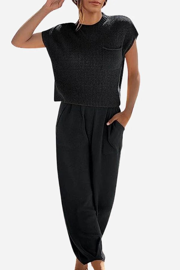 Women’s Two-Piece Set – Sleeveless Ribbed Knit Top – Wide-Leg Pants
