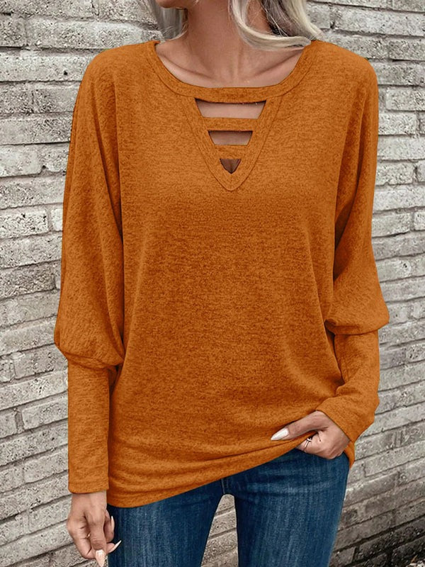 Women’s Long-Sleeve Top – Soft Knit – Relaxed Fit – V-Neck with Cut-Out Detail