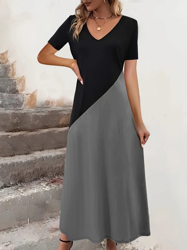 Women’s Maxi Dress – Fitted Bodice – V-Neck – Color Block – Flowing Silhouette – Short Sleeve