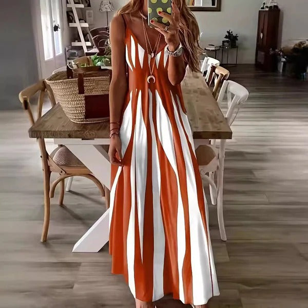 Women’s Maxi Dress – Flowing Fit – Sleeveless – V-Neck – Vertical Stripe – Breathable Fabric