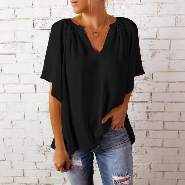 Women’s Blouse – Relaxed Fit – V-Neck – Lightweight – Short Sleeve Casual Style
