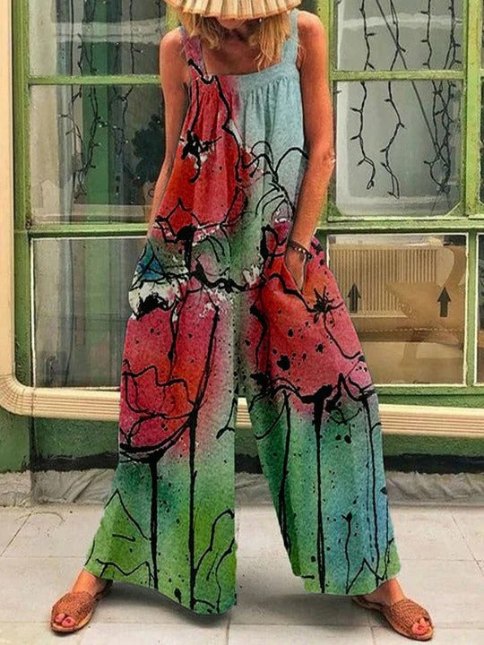 Women’s Wide-Leg Overall – Relaxed Fit – Sleeveless – Artistic Print – Breathable Cotton