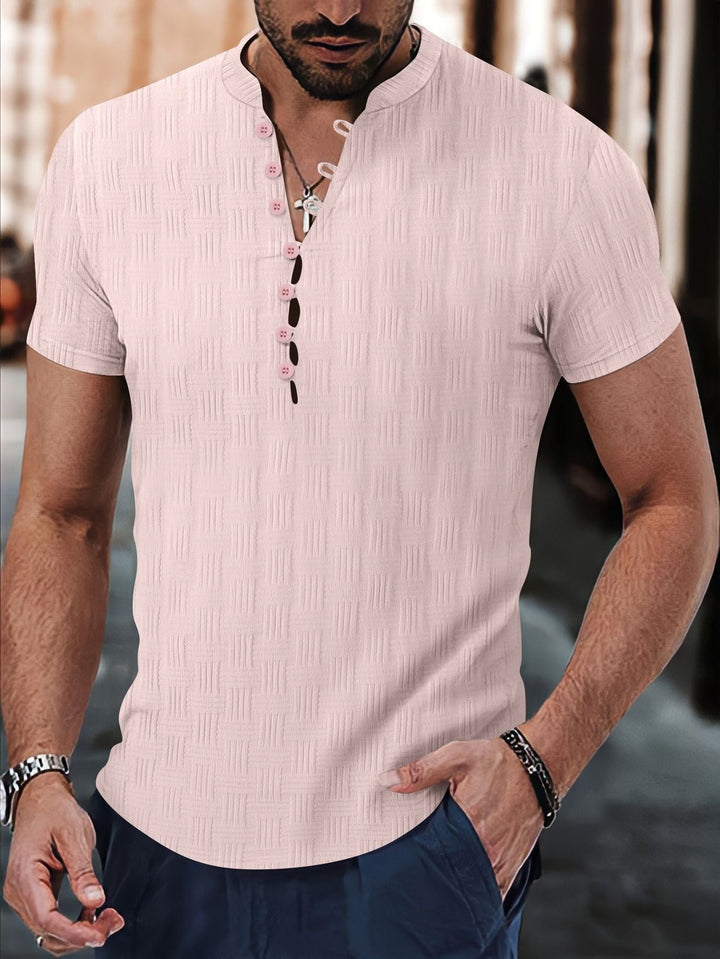 Men’s Henley Shirt – Slim Fit – Jacquard Texture – Short Sleeve Casual Wear