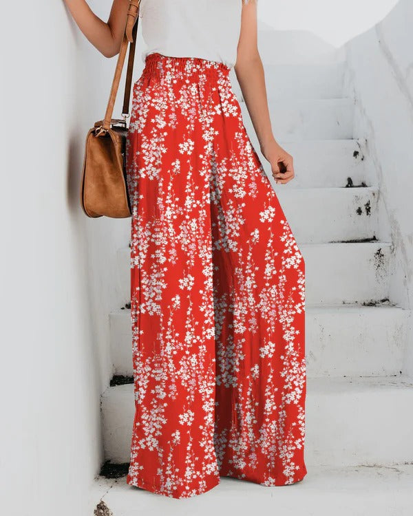 Women’s Wide-Leg Trousers – Relaxed Fit – Elastic Waist – Breathable Cotton Blend – Floral Print