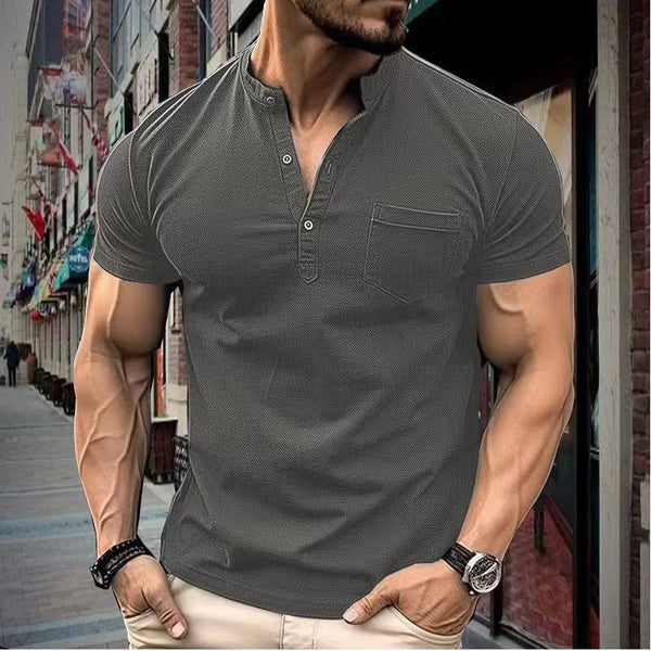 Men’s Short Sleeve Shirt – Slim Fit – Cotton – Standing Collar – Chest Pocket