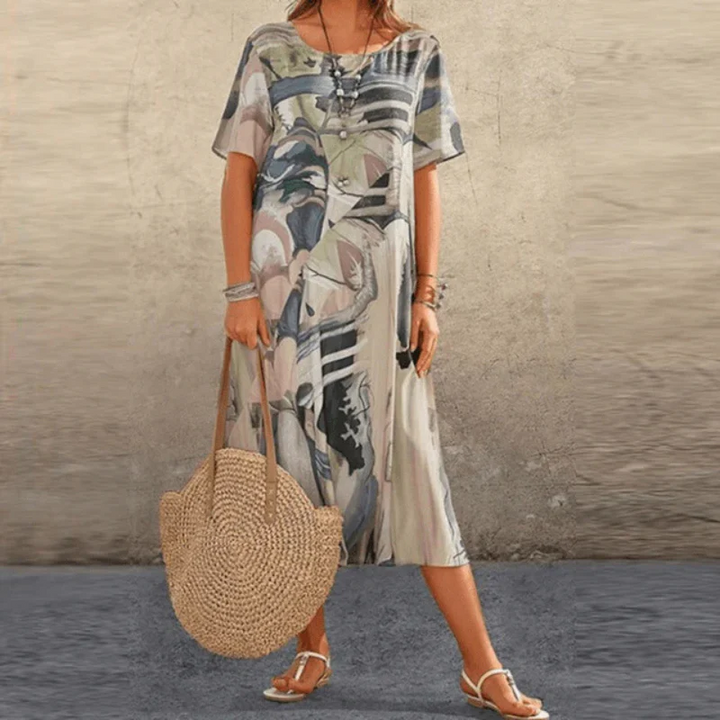 Women’s Midi Dress – Relaxed Fit – Cotton – Short Sleeve – Abstract Print