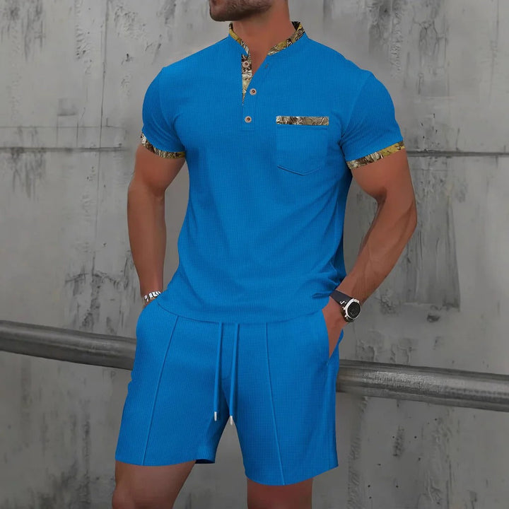 Men’s Casual Set – Slim Fit – Cotton – Short Sleeve – Chest Pocket – Drawstring Shorts