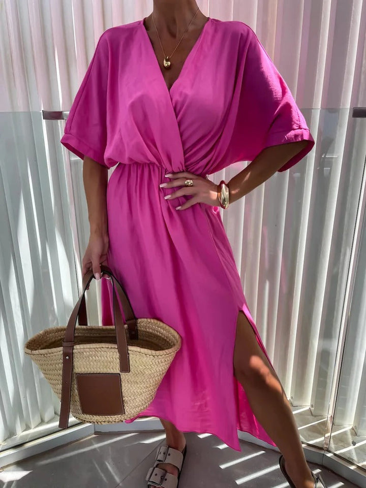 Women’s Maxi Dress - Wrap Front - V-Neck - Relaxed Fit - Side Slits - Cotton Blend