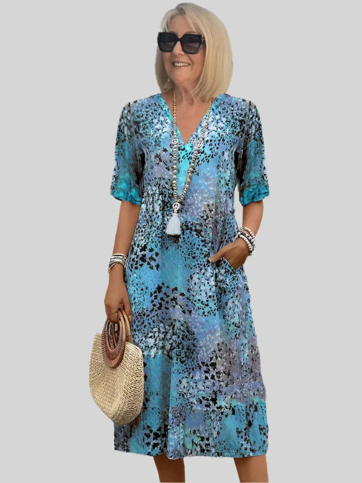 Women’s Midi Dress – Relaxed Fit – V-Neck – Short Sleeve – with Pockets