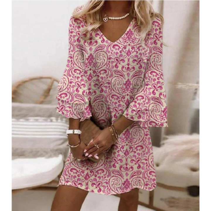 Women’s Mini Dress – Relaxed Fit – V-Neck – Three-Quarter Flare Sleeve – Breathable Blend