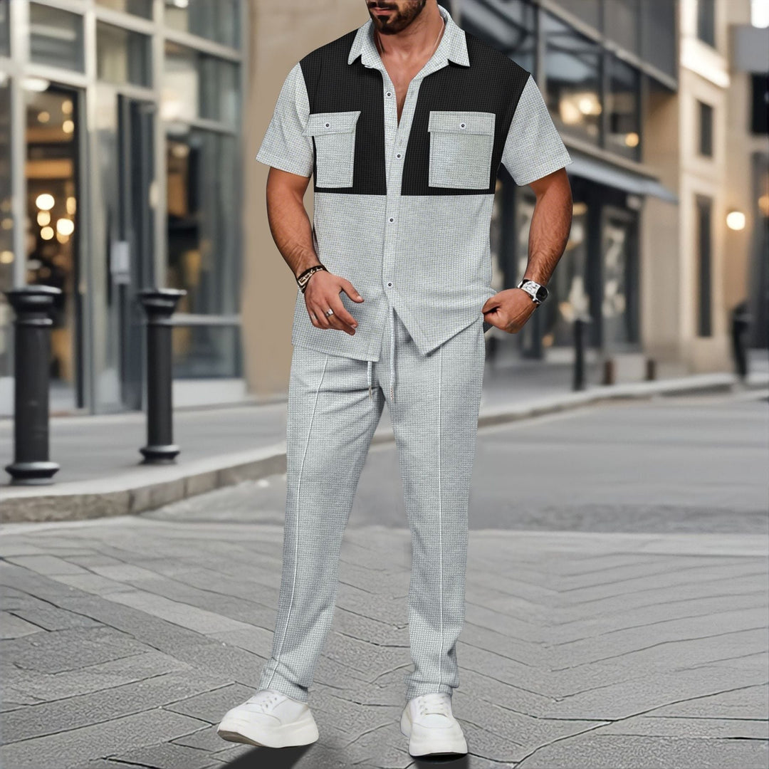 Men’s Two-Piece Set – Waffle Knit – Relaxed Fit – Button Shirt & Drawstring Pants