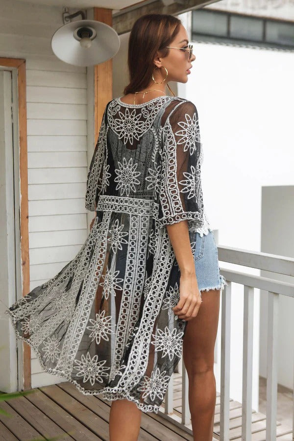 Women’s Kimono Cover-Up – Sheer Lightweight Fabric – Relaxed Fit – Crochet Detailing