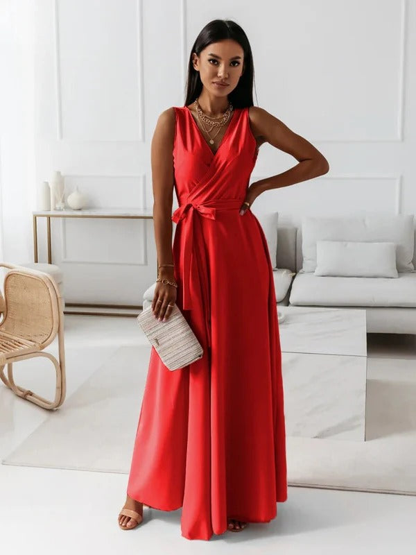 Women’s Maxi Dress - Luxury Fabric - Sleeveless Wrap V-Neck - Tie Waist Elegant Fit