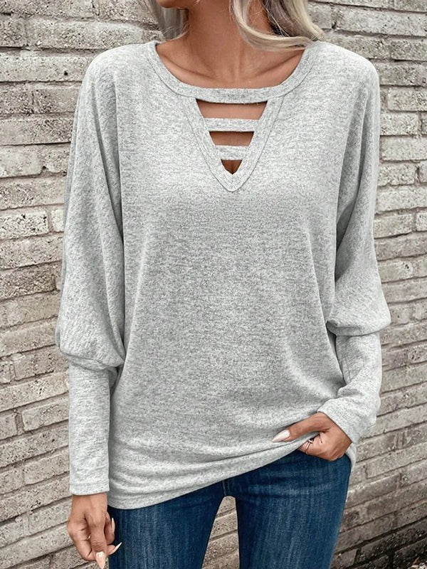 Women’s Long-Sleeve Top – Soft Knit – Relaxed Fit – V-Neck with Cut-Out Detail