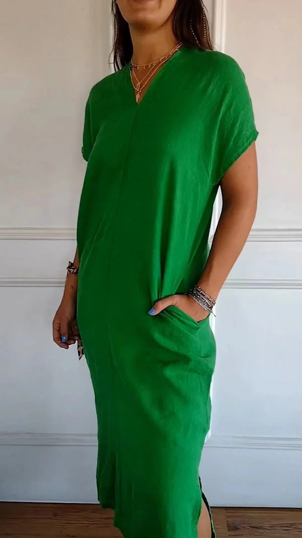 Women’s Maxi Dress - Soft Cotton Feel - Relaxed Fit - V-Neck - Short Sleeve - With Pockets