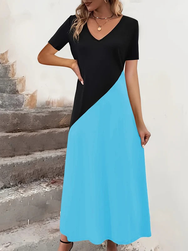 Women’s Maxi Dress – Fitted Bodice – V-Neck – Color Block – Flowing Silhouette – Short Sleeve