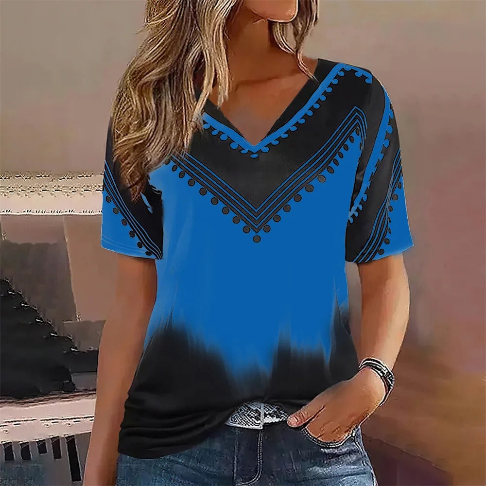 Women’s T-Shirt - Oversized Fit - Cotton - V-Neck - Stripe Gradient Print