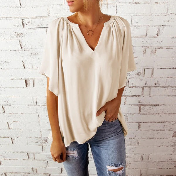 Women’s Blouse – Relaxed Fit – V-Neck – Lightweight – Short Sleeve Casual Style