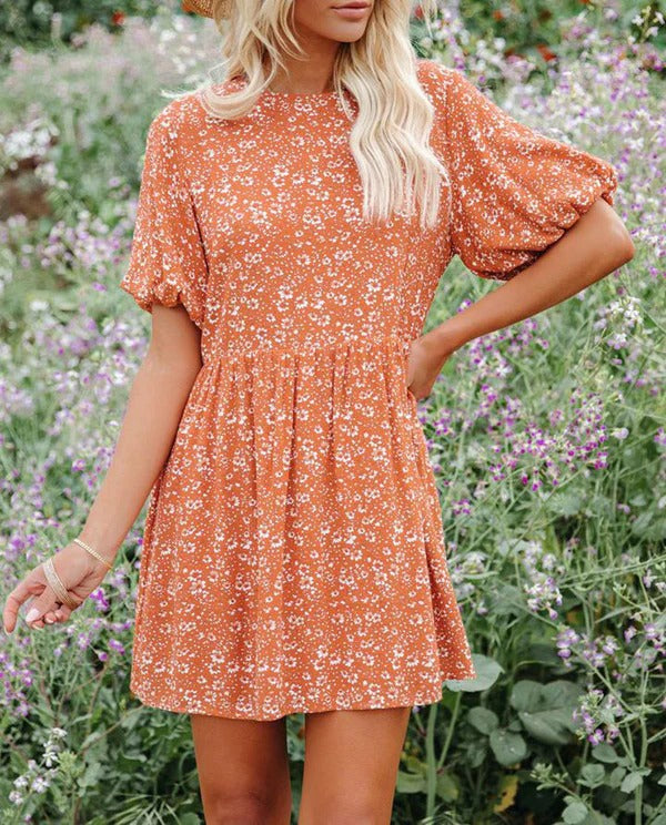 Women’s A-Line Dress - Puff Sleeves - Floral Pattern - Mini Length - Soft Blend