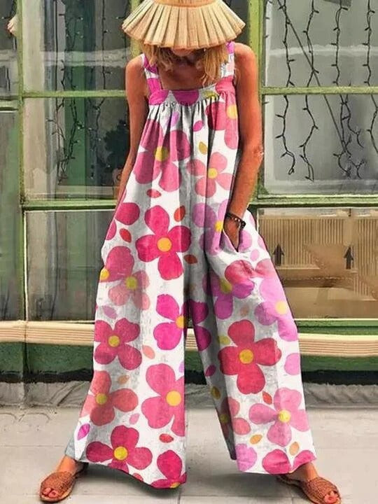 Women’s Wide-Leg Overall – Relaxed Fit – Sleeveless – Artistic Print – Breathable Cotton