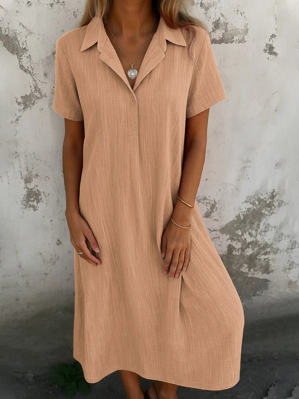 Women’s Shirt Dress – Relaxed Fit – Cotton – Midi Length – Short Sleeve – Collared