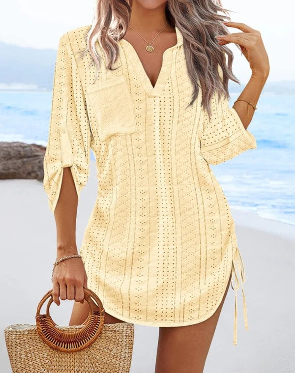 Women’s Beach Dress – Eyelet Lace – Relaxed Fit – V-Neck – Adjustable Waist Ties